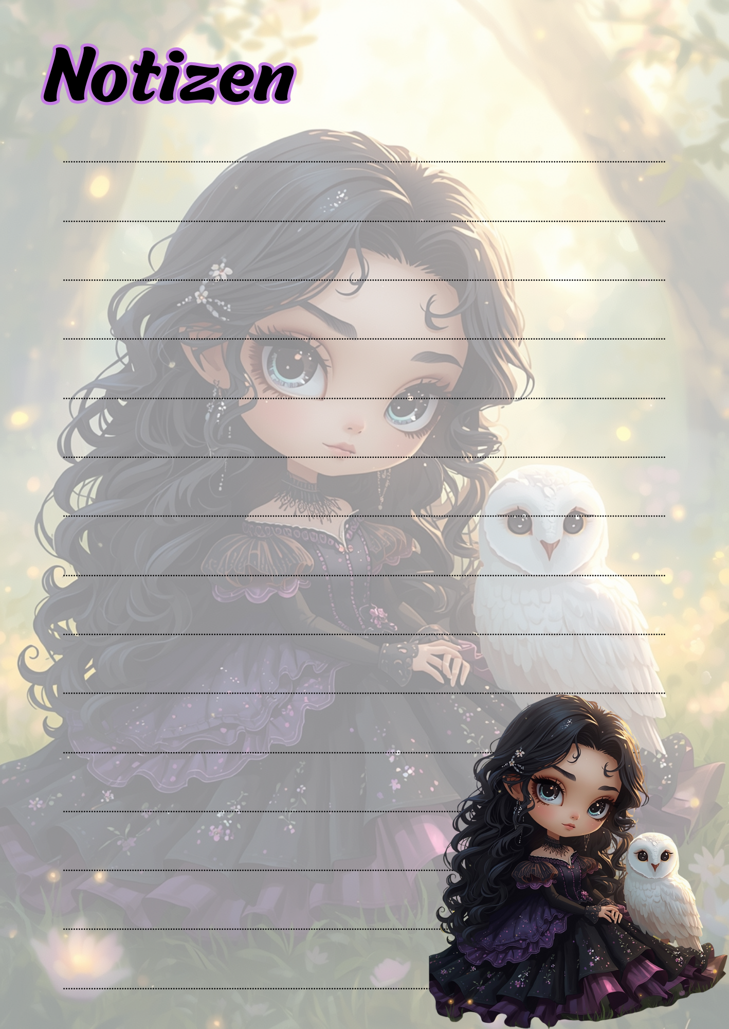 A5 Notizblock, liniert, Hexe mit Eule